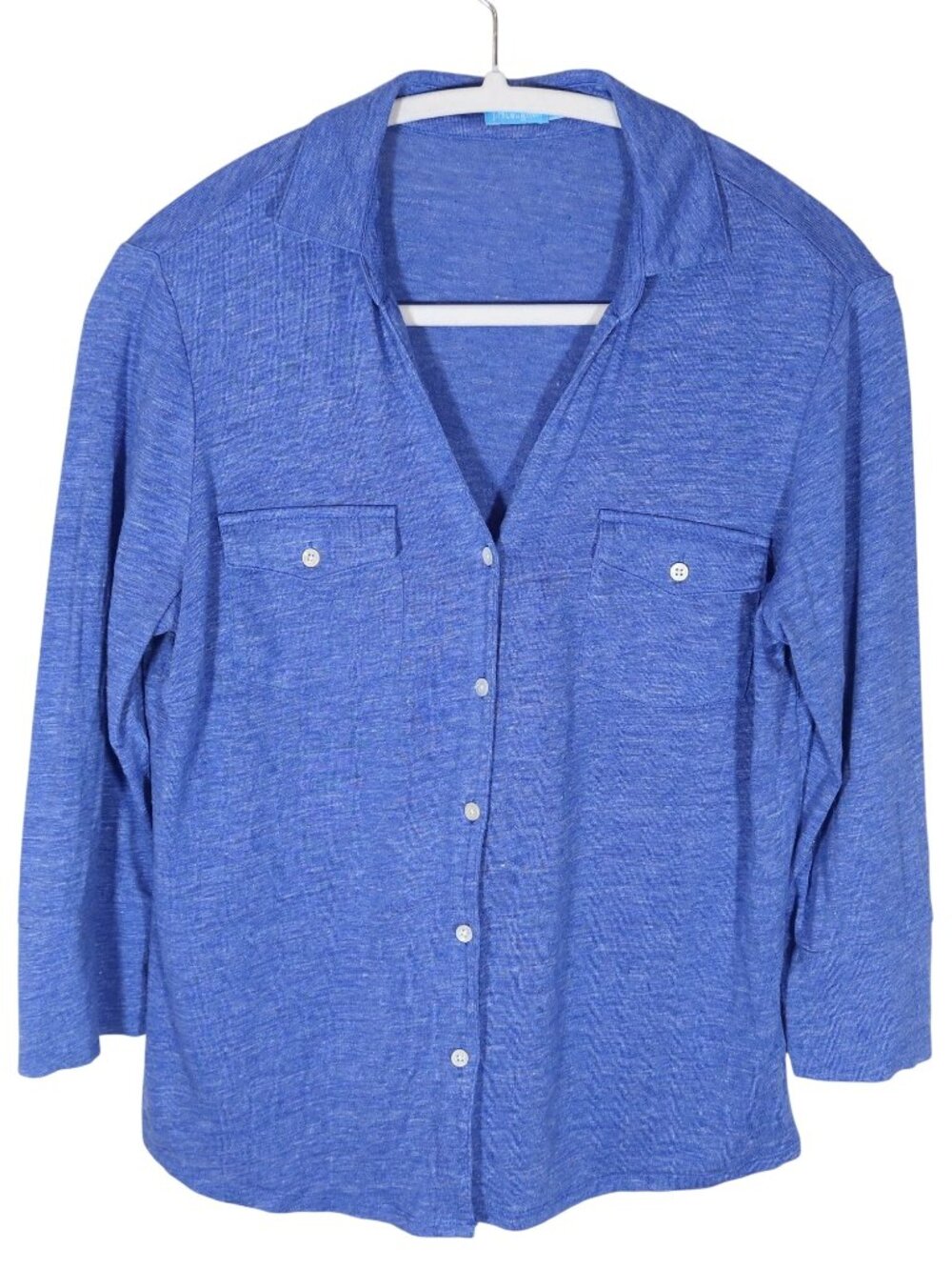 J MCLAUGHLIN Brynn Linen Button Up Knit Top Size M Blue Heather Coastal Preppy